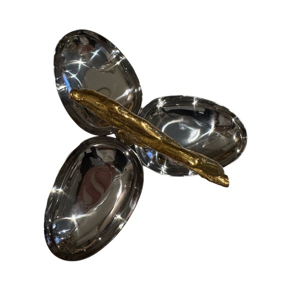 New Stainless steel candy dish 3 section with brass flower handle - Picture 3 of 8